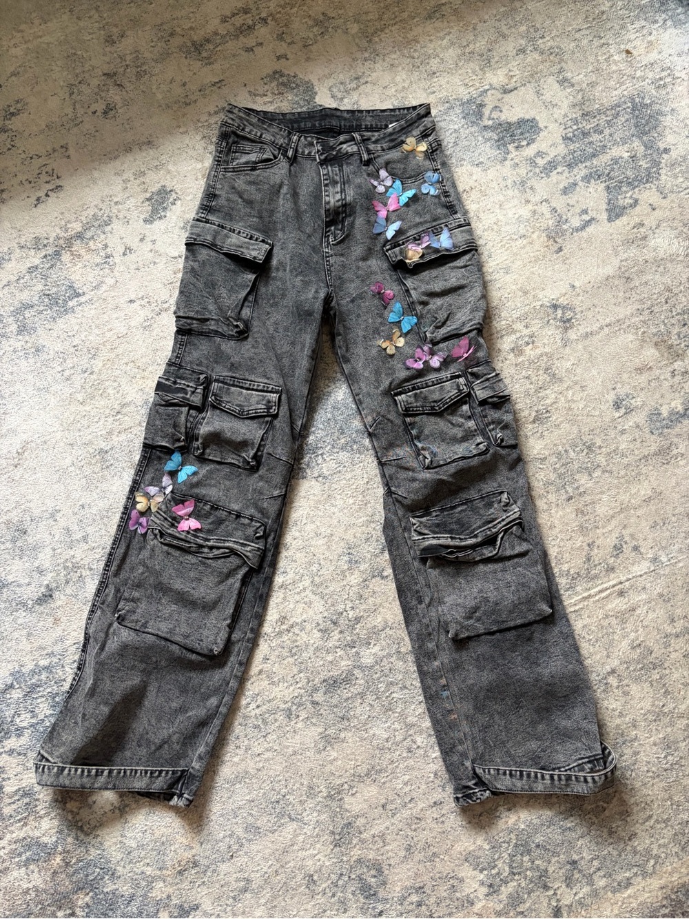 Black Cargo Jeans with Multicolor Butterfly Embroidery - Women
